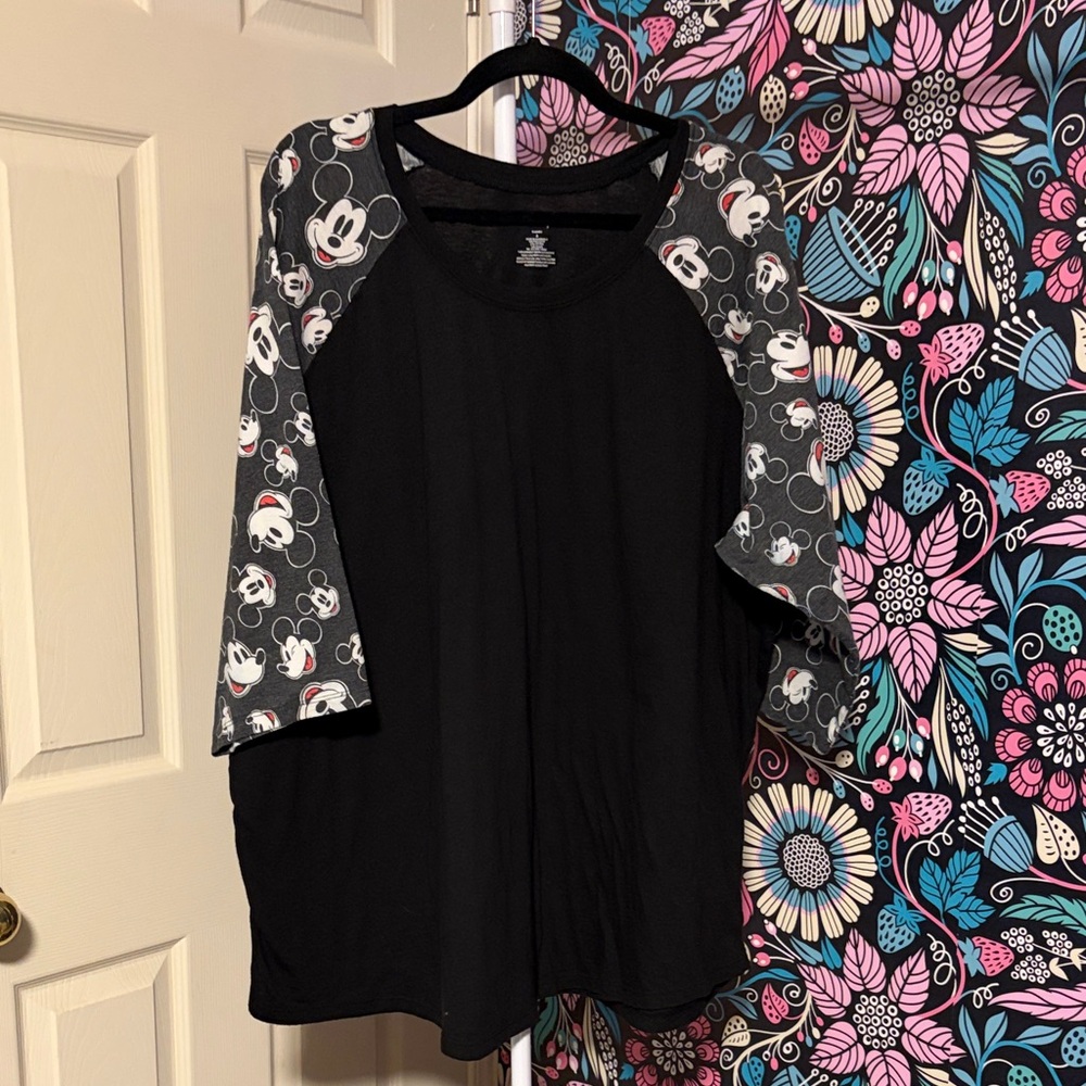 Disney Mickey Mouse Raglan 3/4 Sleeve Top Black with Character Print